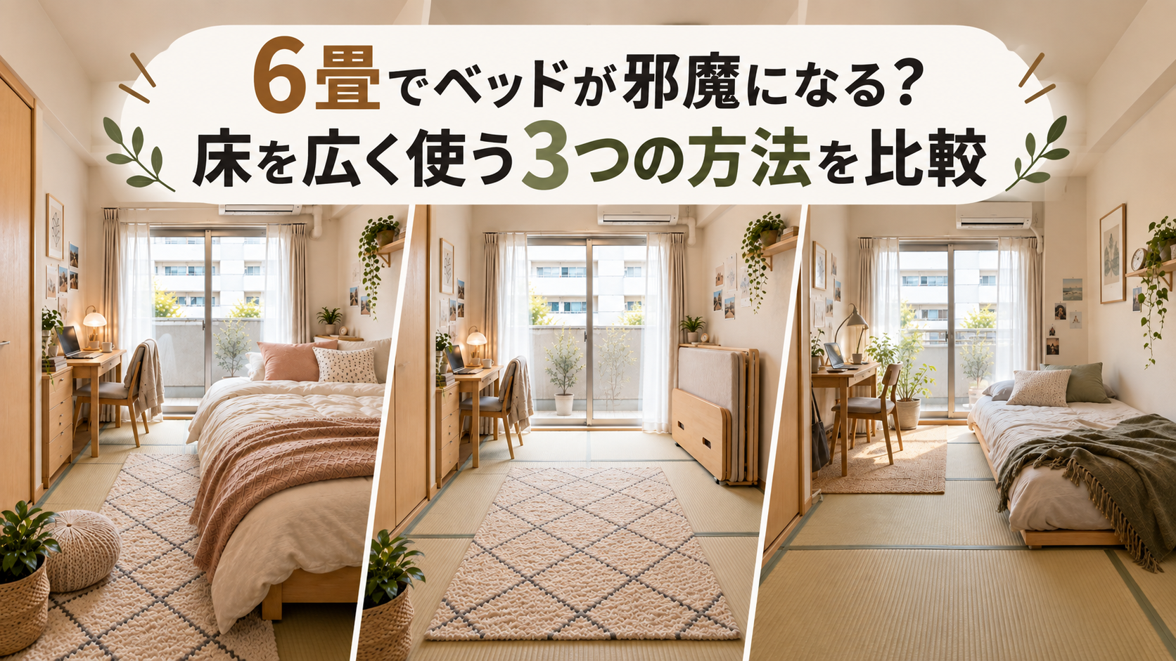 6畳のワンルームで通常ベッド、折りたたみベッド収納後、ローベッドの3パターンを比較したアイキャッチ画像