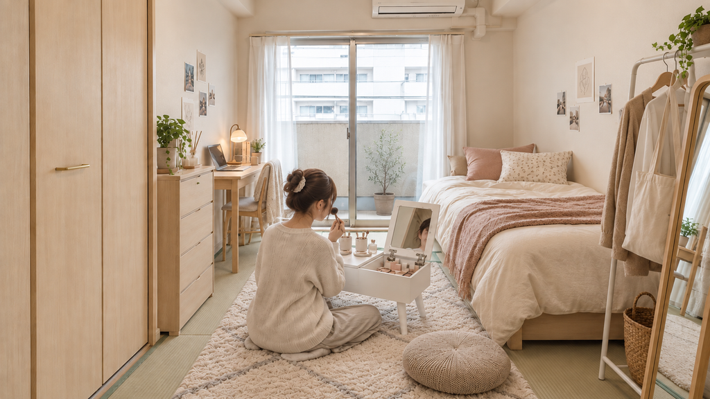 6畳の一人暮らしの部屋で、女性が床に座ってCambioリフティングドレッサーテーブルの鏡を開き、メイクしている様子