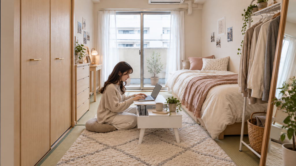 6畳の一人暮らしの部屋で、女性が床に座りCambioリフティングドレッサーテーブルの天板を上げてノートパソコンを使っている様子