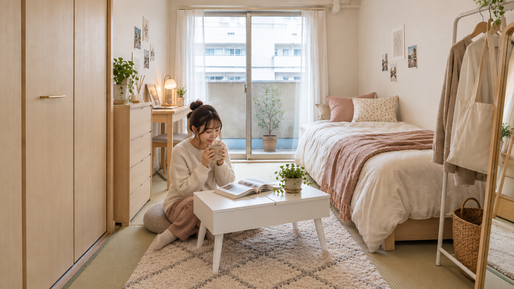 6畳の一人暮らしの部屋で、女性がCambioリフティングドレッサーテーブルをローテーブルとして使い、マグカップを持ちながらくつろいでいる様子