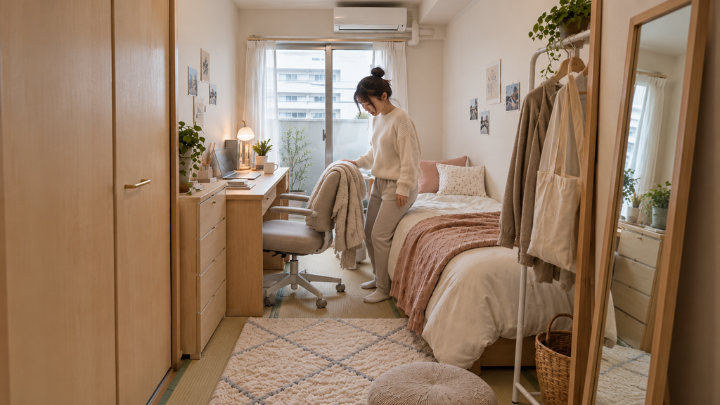 6畳のワンルームでデスクチェアを後ろに引いたことで、ベッドとの間の通路が狭くなっている様子