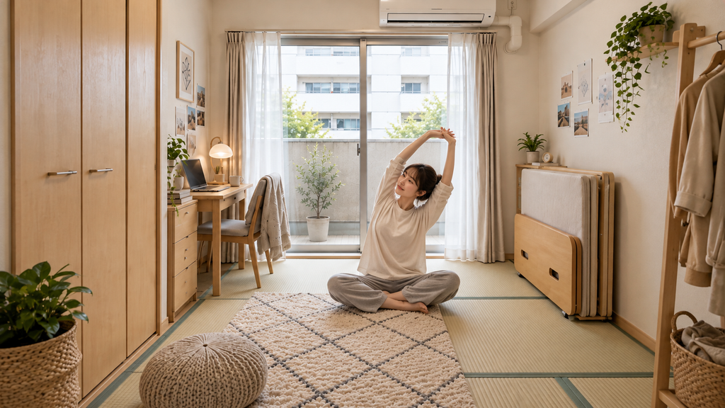 6畳の畳ワンルームで折りたたみベッドを収納し、空いた床で女性がストレッチしている様子