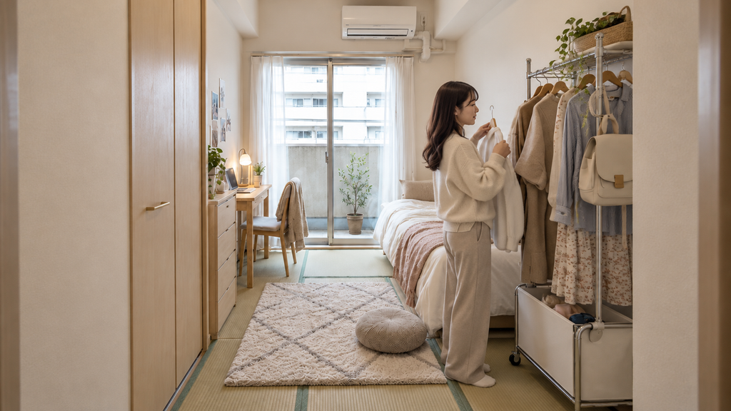 6畳ワンルームでINDOORPLUS幅60cmハンガーラックにシャツやジャケット、バッグを収納する一人暮らし女性