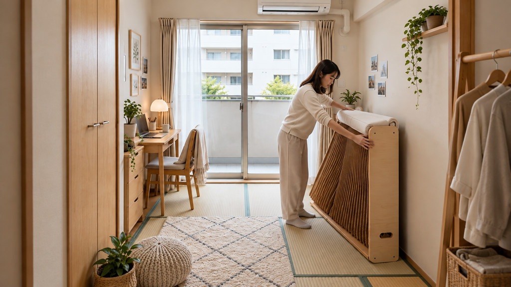 6畳の畳ワンルームで、女性がKraft Paperアコーディオン型クラフトベッドを壁際に収納している様子