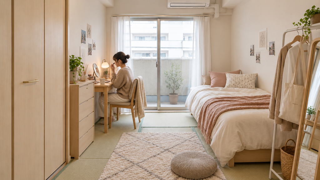 6畳の一人暮らしの部屋で、専用ドレッサーを置かずにデスクと卓上ミラーを使ってメイクする女性の様子