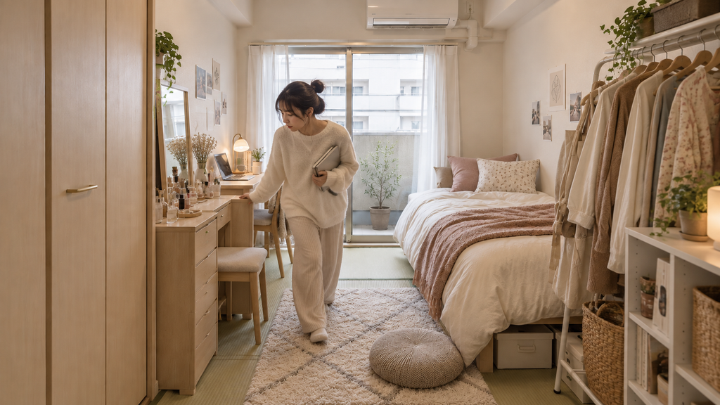 6畳の一人暮らしの部屋にベッドや収納、ドレッサーなど家具を増やし、通路が狭くなった様子