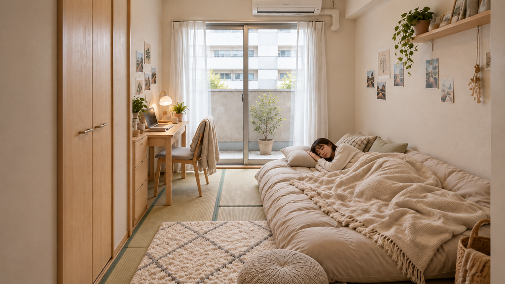 A realistic 6-tatami one-room apartment showing a sofa bed fully expanded into bed mode, with reduced floor space and a woman resting on it near the window.