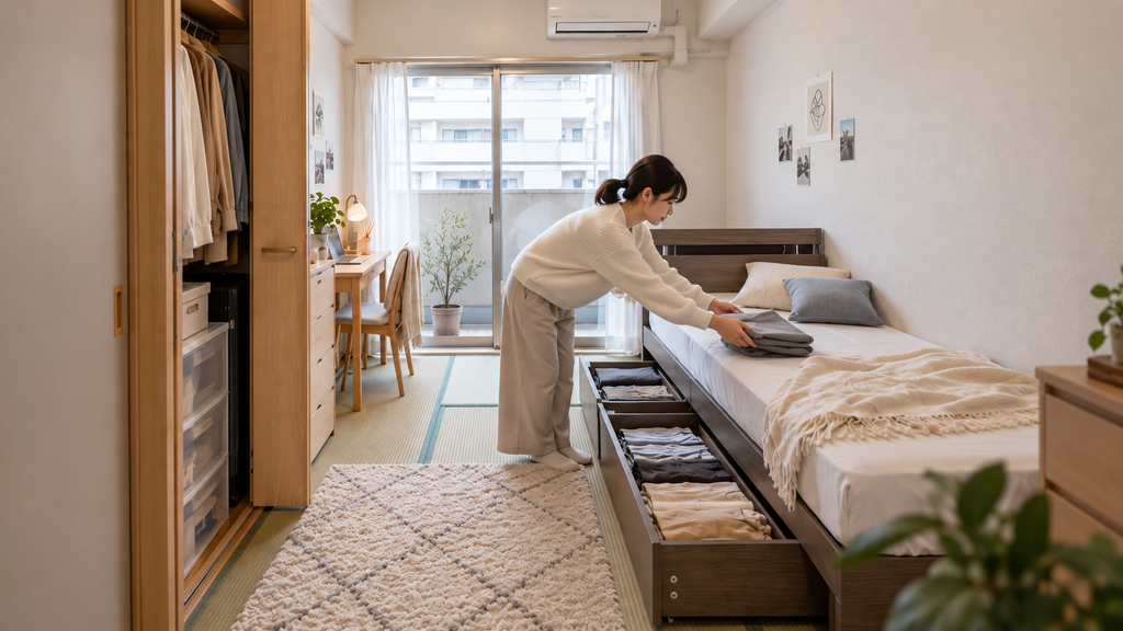 6畳の一人暮らしの部屋で、収納付きベッドの引き出しに畳んだ服をしまう女性