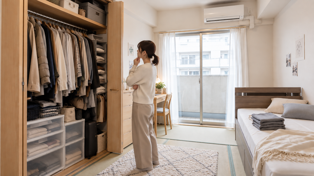 6畳の一人暮らしの部屋で、服が多く詰まった狭いクローゼットを見ながら収納方法を考える女性